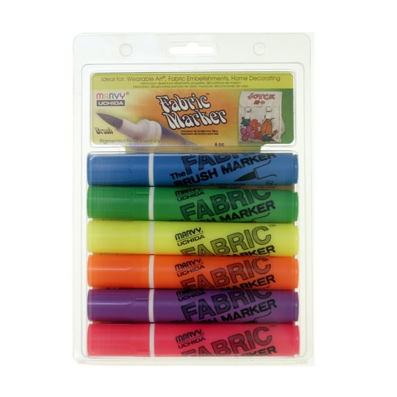 Marvy Uchida Brush Tip Fluorescent Fabric Markers, 6 Piece Highlighter