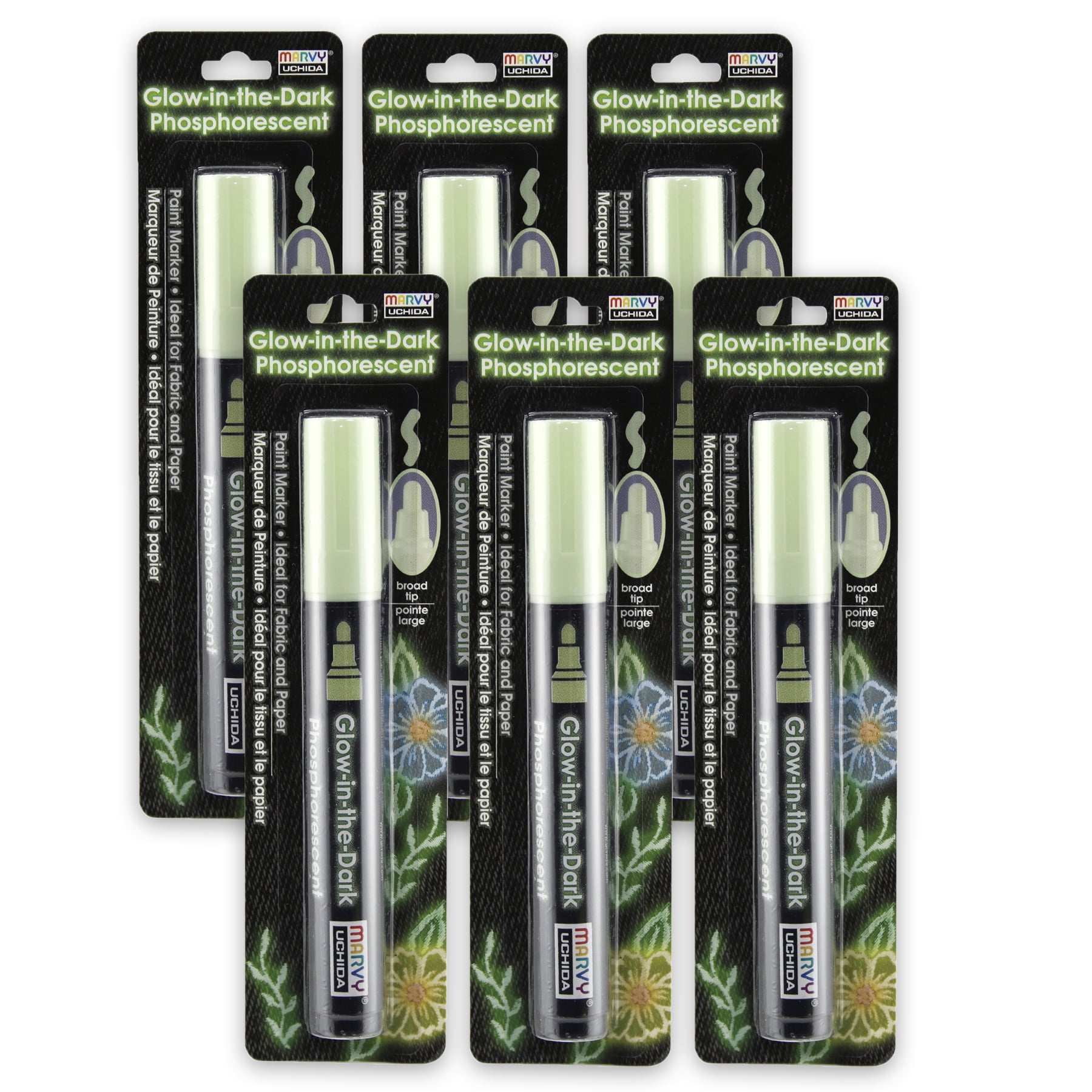 Marvy Uchida Glow In The Dark Green Fabric Marker, Pack of 6