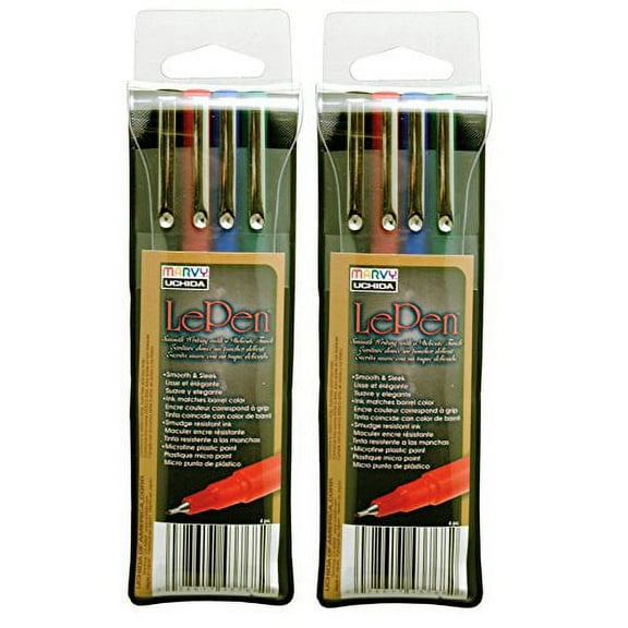 Marvy Uchida Le Pen Set .03mm Point 4 Piece Assortment Black/Red/Blue/Green (Sold as 2 Packs)