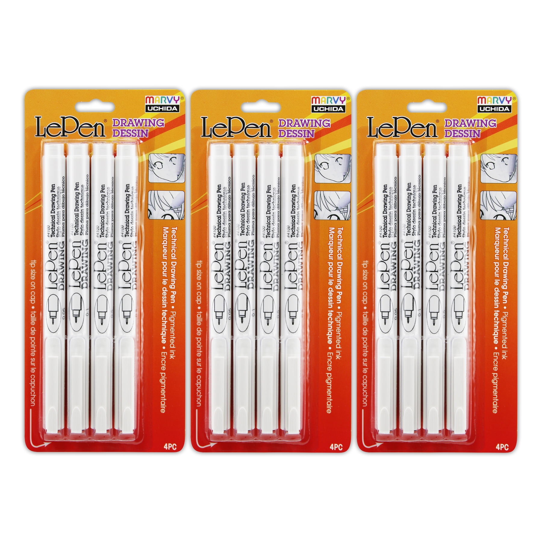 Marvy Uchida LePen Drawing Pens, 4 Per Pack, 3 Packs