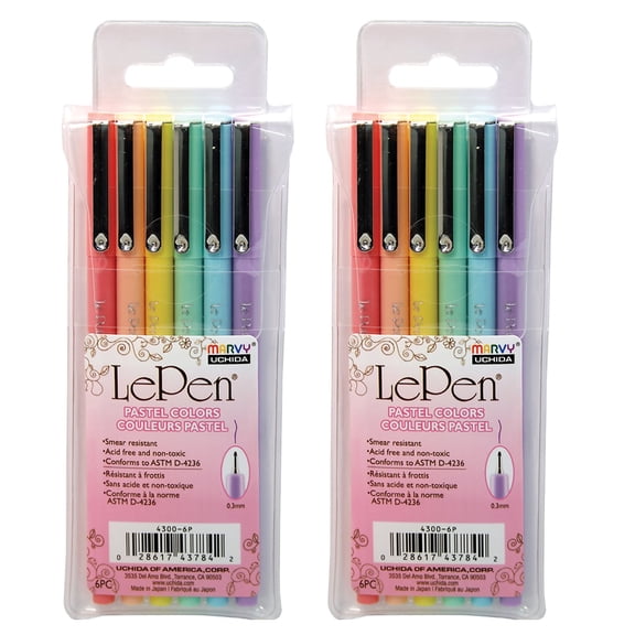 Marvy Uchida LePen Felt Pen Micro Fine Point 0.3mm Assorted Pastel Inks 6/Pack 2 Packs (UCH43006P-2)