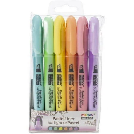 Marvy Uchida Pastel Liner 3-Way Chisel Tip Highlighters Set, 6 Assorted Colors