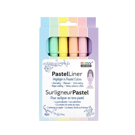 Marvy Uchida Pastel Liner 3-Way Chisel Tip Highlighters Set, 6 Assorted Colors