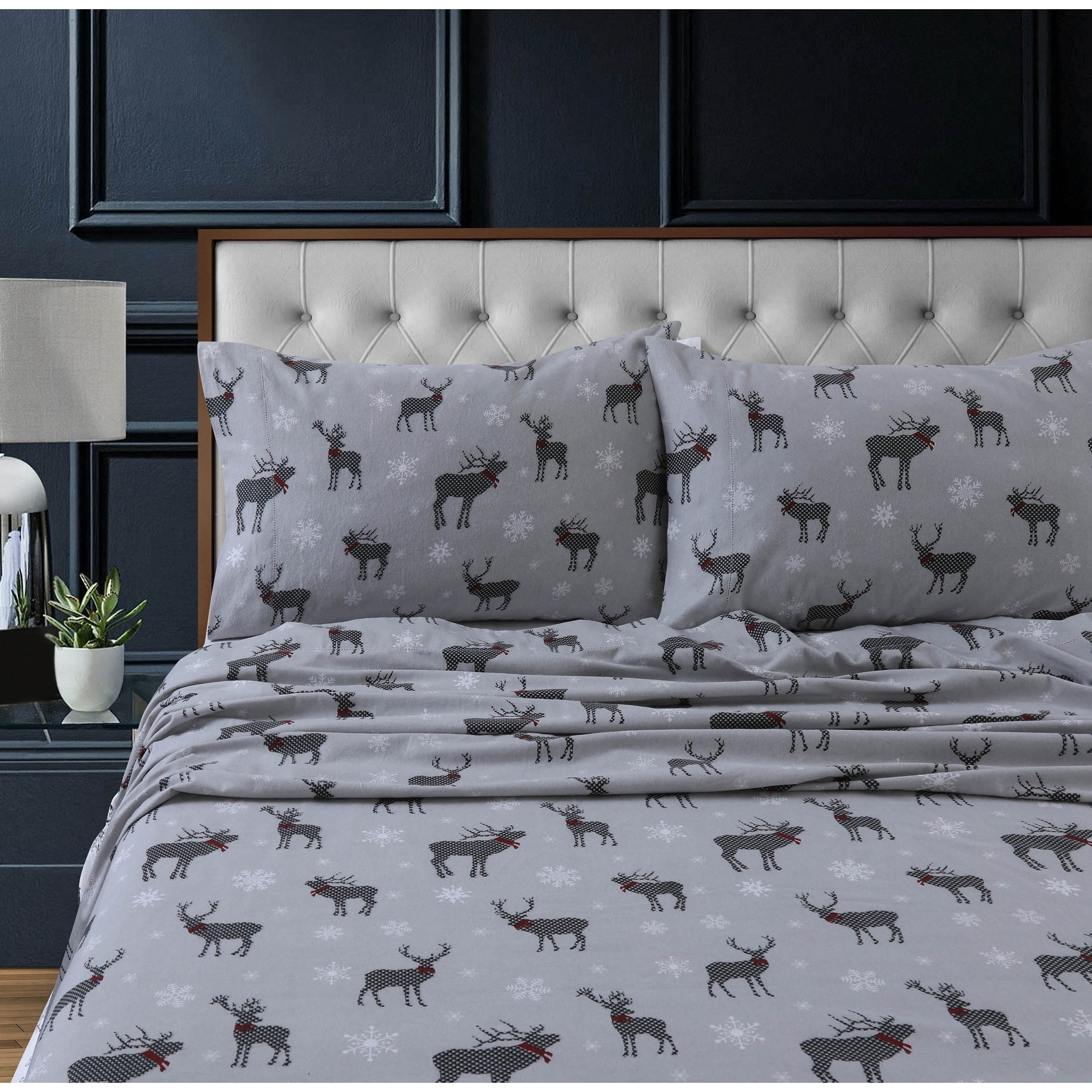 Gray Checkered Buck Cotton Flannel Queen Sheet Set