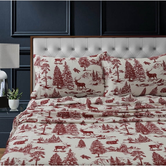 Marwah Corporation Heavyweight 200GSM Cotton Flannel Printed Extra Deep Pocket Sheet Set deer toile deep red Full Adult Flannel Toile French Country