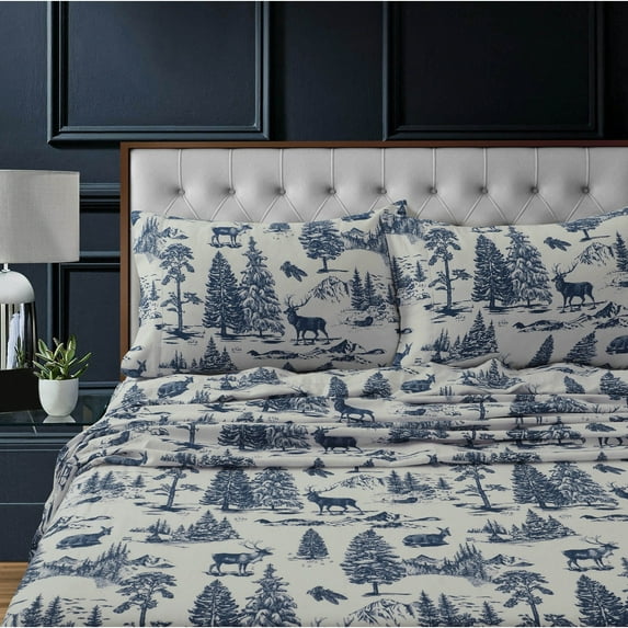 Marwah Corporation Heavyweight 200GSM Cotton Flannel Printed Extra Deep Pocket Sheet Set deer toile navy Twin Adult Flannel Toile French Country