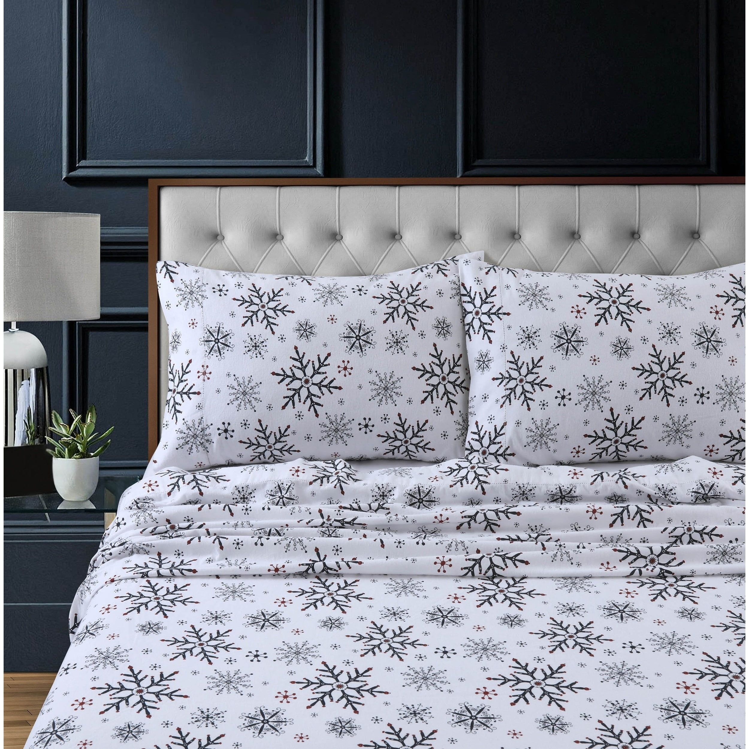 Twin XL White Cotton Flannel Snowflake Print Sheet Set