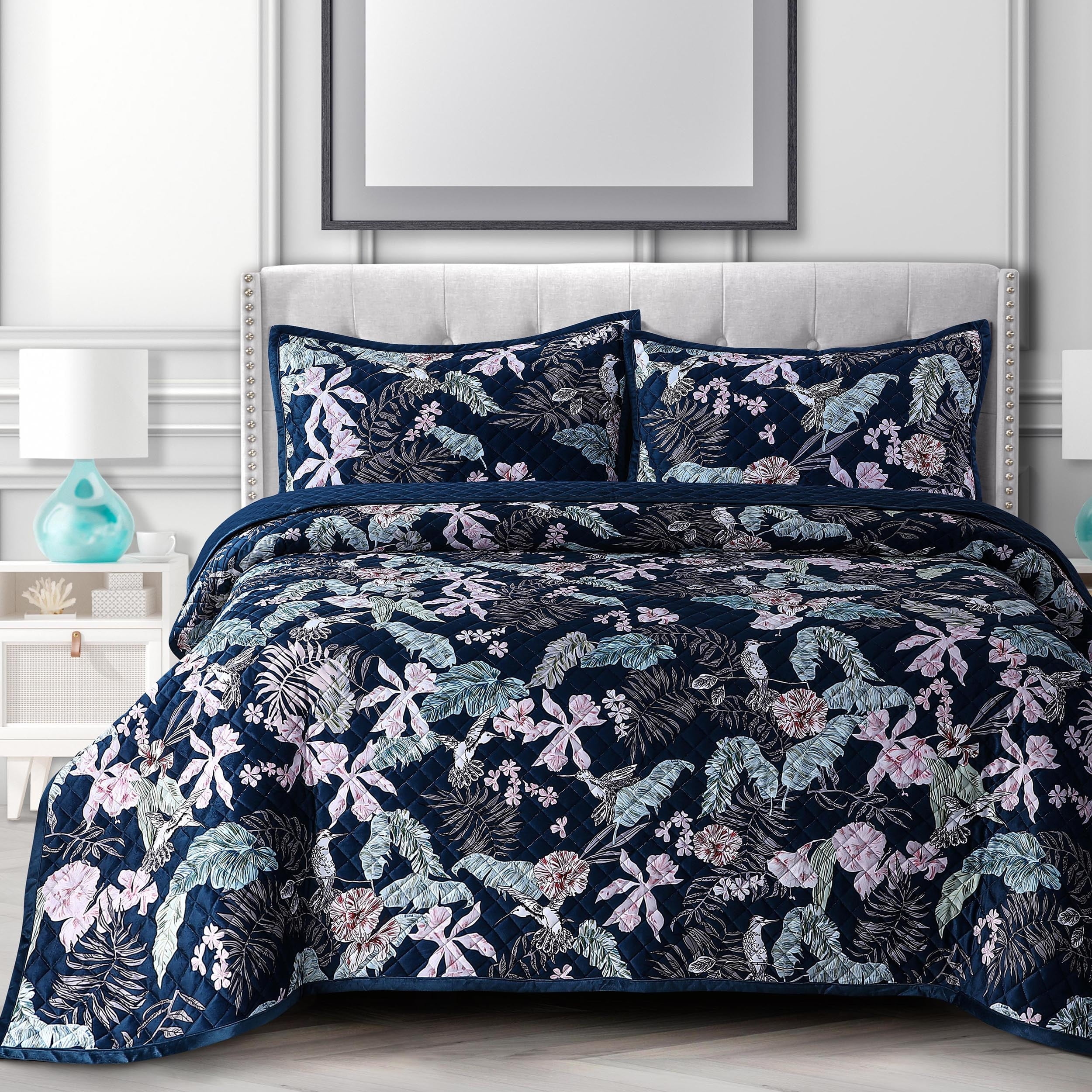 Pariza Blue Velvet Floral Queen Quilt Set