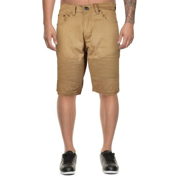 Marx & Dutch Men's Moto Biker Quilted Slim Fit Cotton Stretch Twill Shorts (Khaki,36)