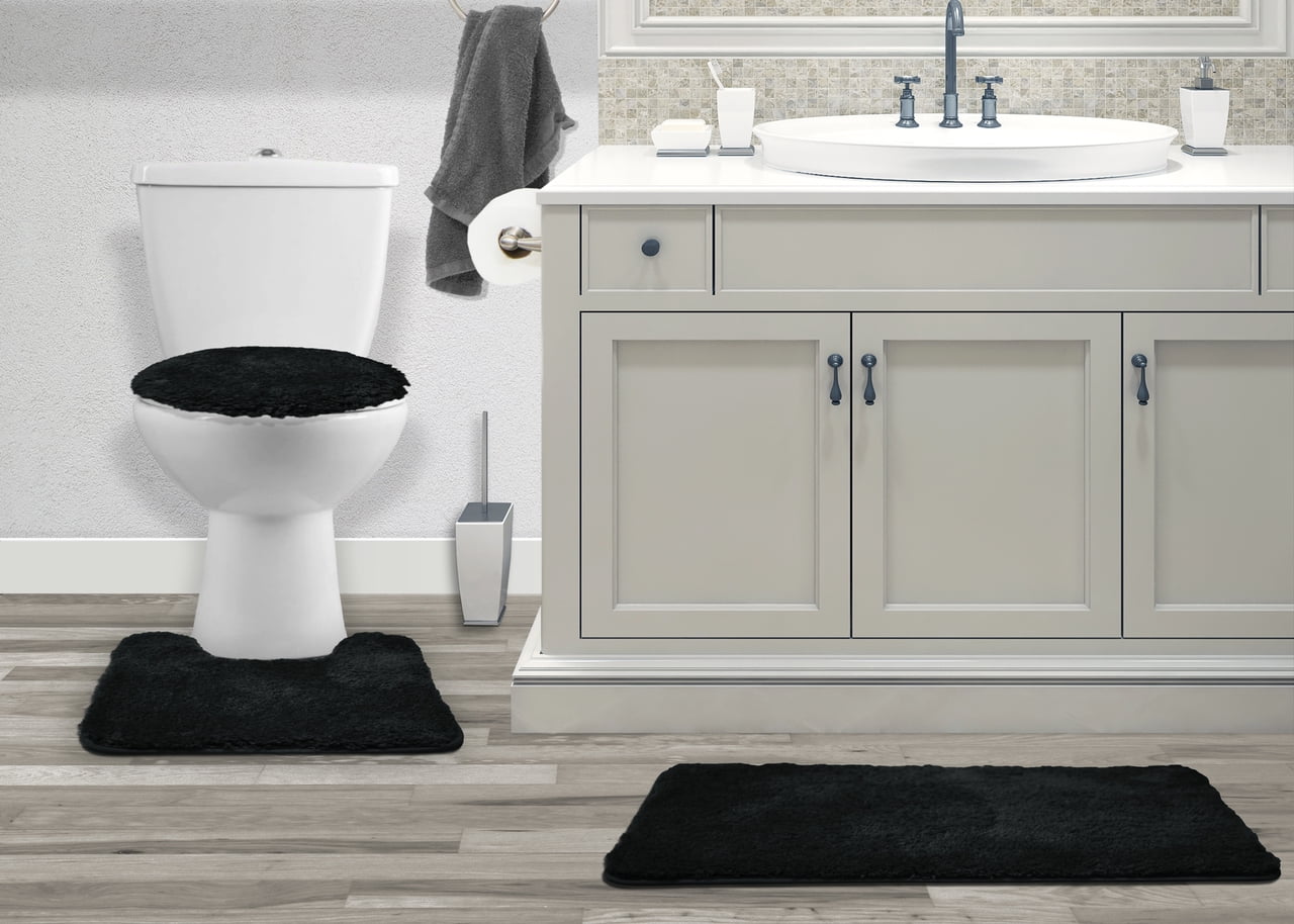 Kashi Home Luxury Soft Plush Black Microfiber Bath Rugs, Non-Slip (3 Count)