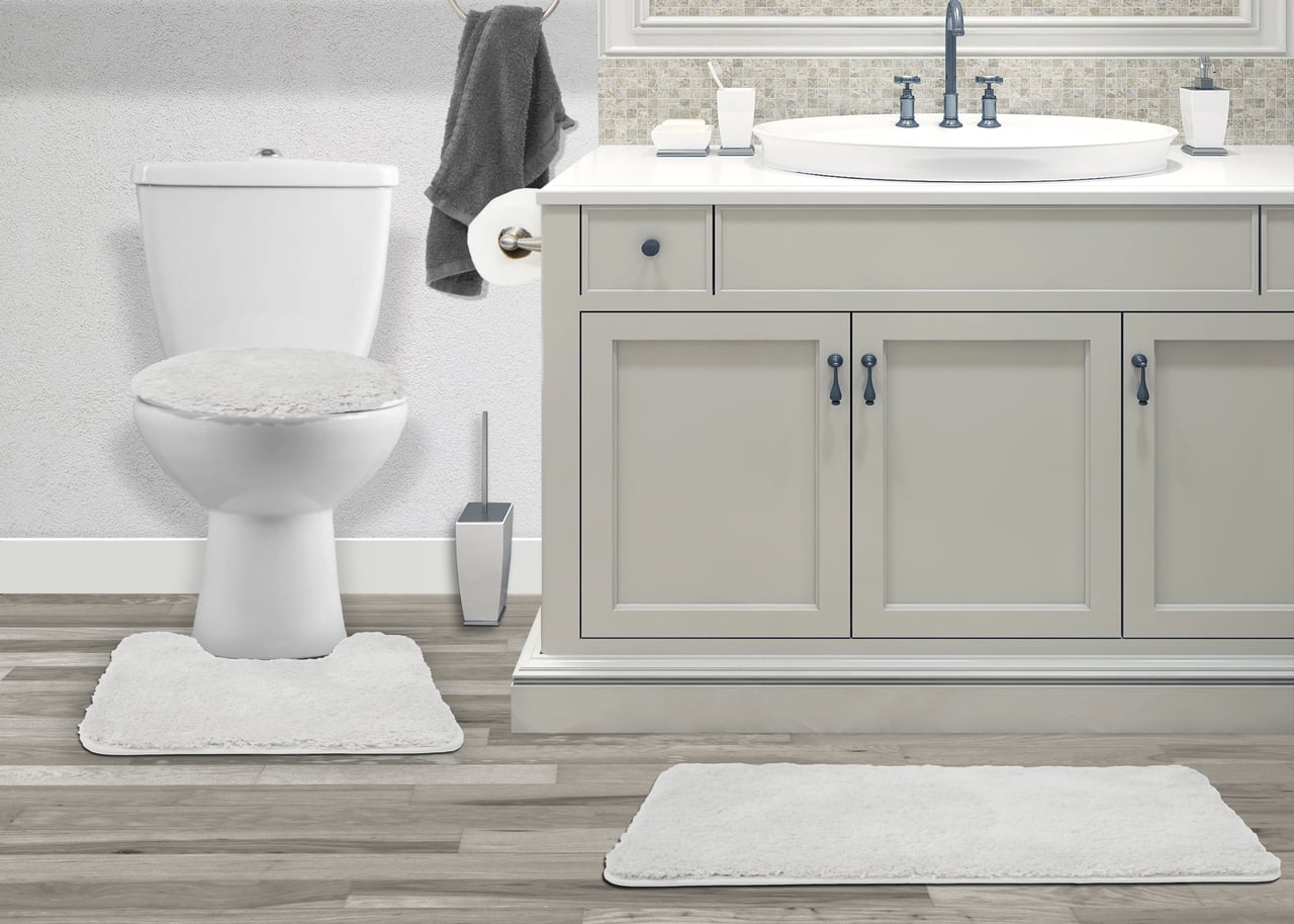 Mary 3 Piece Bathroom Rug Set, Luxury Soft Plush Shaggy Thick Fluffy Microfiber Bath Mat, Countour Rug, Toilet Seat Lid Cover, Non-slip Rubber Back, Floor Mats Water Absorbent, White
