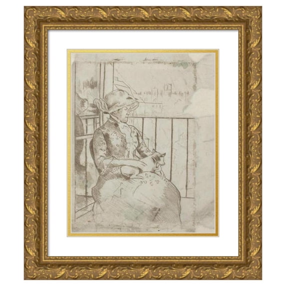 Mary Cassatt 15x18 Gold Ornate Wood Frame and Double Matted Museum Art Print Titled - Susan on a Balcony Holding a Dog (Verso) (C. 1883)