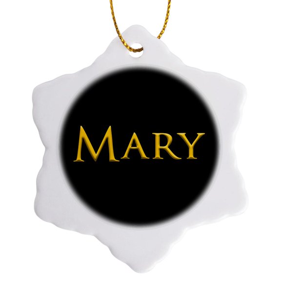 3drose, Mary Common Female Name in the America. Yellow on Black Gift, 3 inch Snowflake Porcelain Ornament