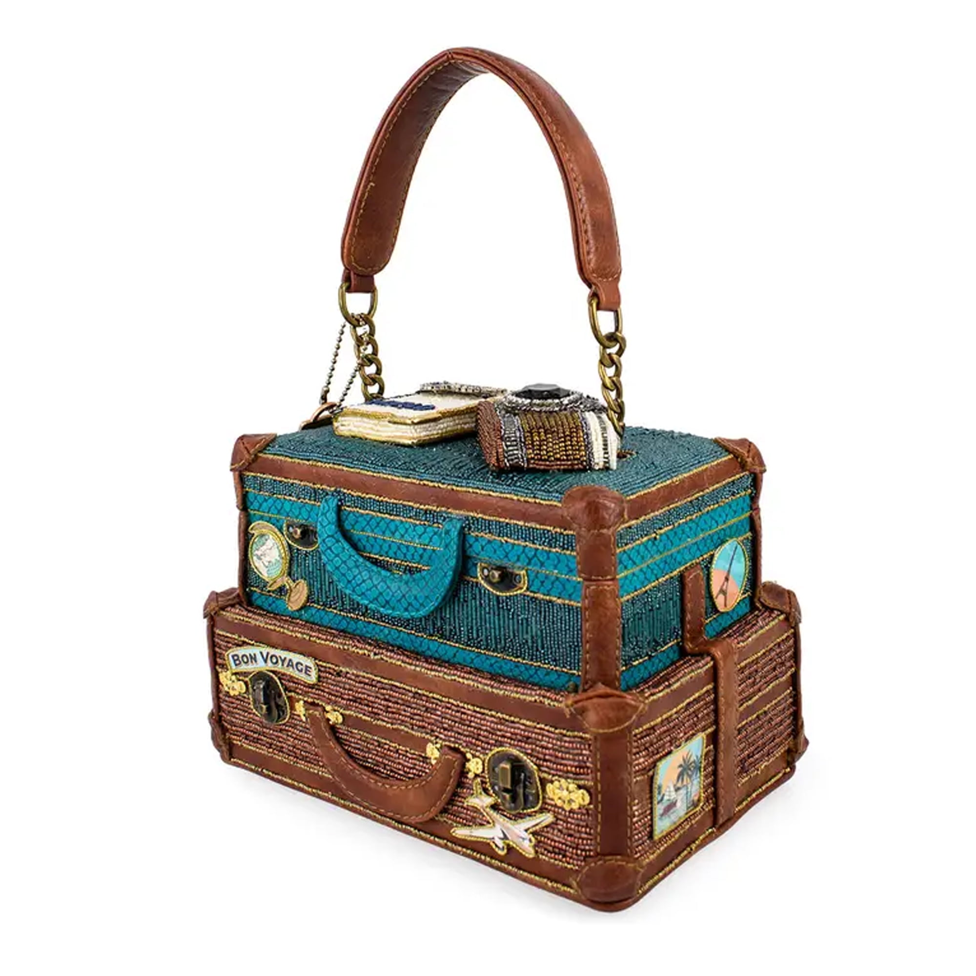 MARY FRANCES Baggage Claim Beaded Suitcase Handbag Brown Blue Bag Tour Purse NEW