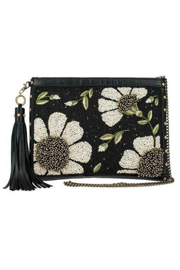 Beaded Sunshine Daisies Leather Crossbody Handbag Black Bag Zip New