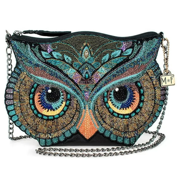 Mary Frances Head Turner Beaded Bag Owl Head Zipper Handbag Black Blue Purse NEW