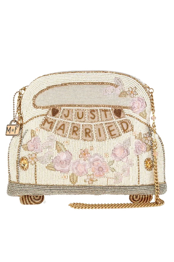 Just Married Beaded Car Zip Handbag Wedding Bag Ivory Gold Purse NEW