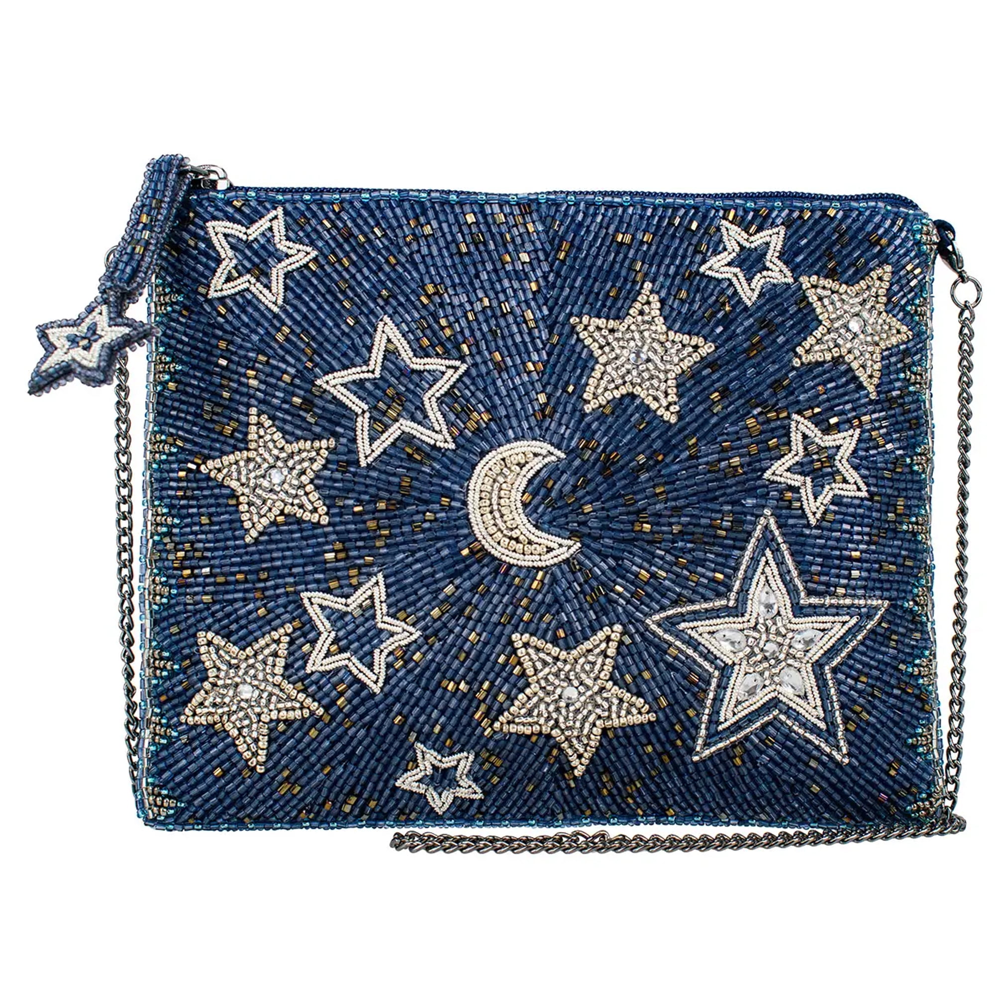 MARY FRANCES Super Nova Blue Celestial Star Moon Zip Handbag Beaded Bag Purse NEW