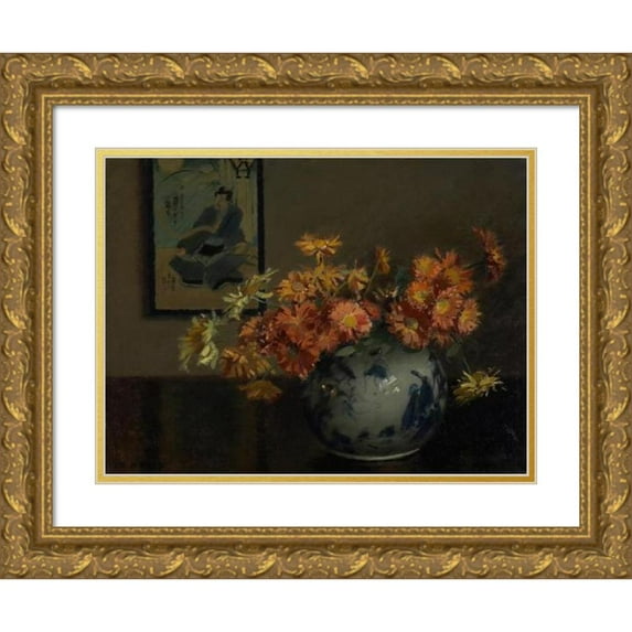 Mary Hiester Reid 18x14 Gold Ornate Wood Frame and Double Matted Museum Art Print Titled - Chrysanthemums, a Japanese Arrangement (1890-1900)
