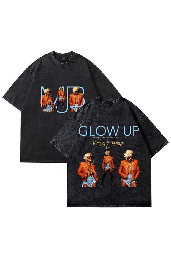 Mary J. Blige Merch Glow Up T-shirt Women Men Vintage Mineral Washed Cotton Crewneck Short Sleeve