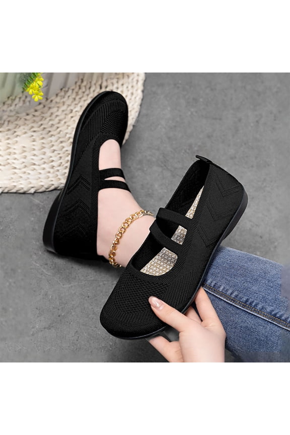 Mary Jane Ballet Flats Shoes for Women Foldable Round Toe Flats Knitted Hollow Out Zero Drop Ballet Flats Rubber Soles Elastic Band Casual Shoes for Walking Office,Comfortable Dressy Casual, Size:6