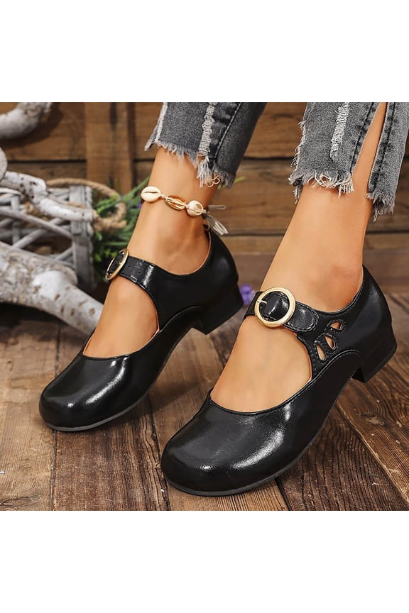 Mary Jane Closed Round Toe Shoes for Women Comfortable Dress Shoes Women's Casual Solid Color Metal Buckle Shallow Mouth Leather Shoes