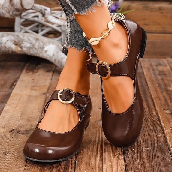 Mary Jane Closed Round Toe Shoes for Women Comfortable Dress Shoes Women's Casual Solid Color Metal Buckle Shallow Mouth Leather Shoes
