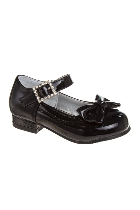 Mary Jane Dress Shoe Pumps for Girls, Low Heel Hook Loop Buckle, Black Patent (Size 12 Little Kid)