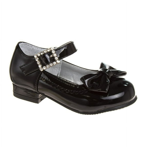 Mary Jane Dress Shoe Pumps for Girls, Low Heel Hook Loop Buckle, Black Patent (Size 7 Toddler)