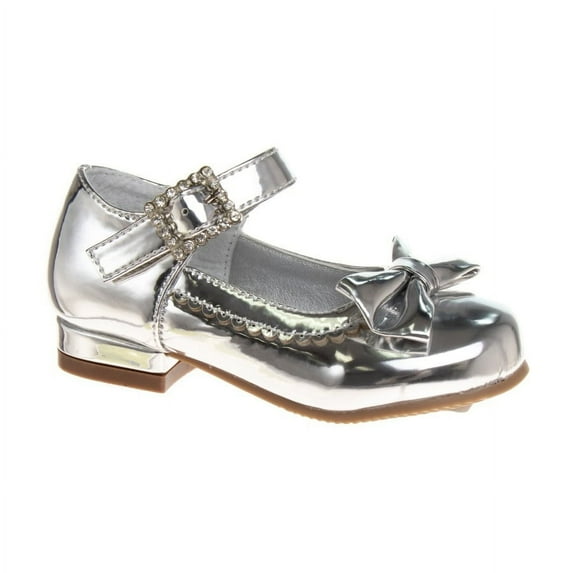 Mary Jane Dress Shoe Pumps for Girls, Low Heel Hook Loop Buckle, Silver (Size 11 Little Kid)