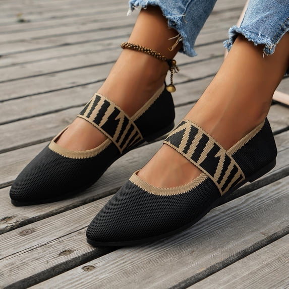 Mary Jane Flats Pointed Toe, Women's Ballet Flats with Wide Strap, Dressy Knit Slip-On Ballet Shoes for Everyday Wear, Lightweight and Breathable Black 41