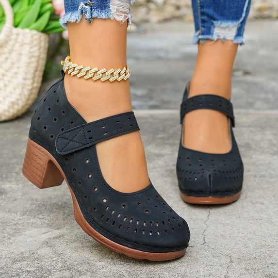 Mary Jane Heels for Women Closed Round Toe Chunky Heeled Sandals Retro Hollow out Dress Shoes Summer Casual Pumps Black Size 6.5
