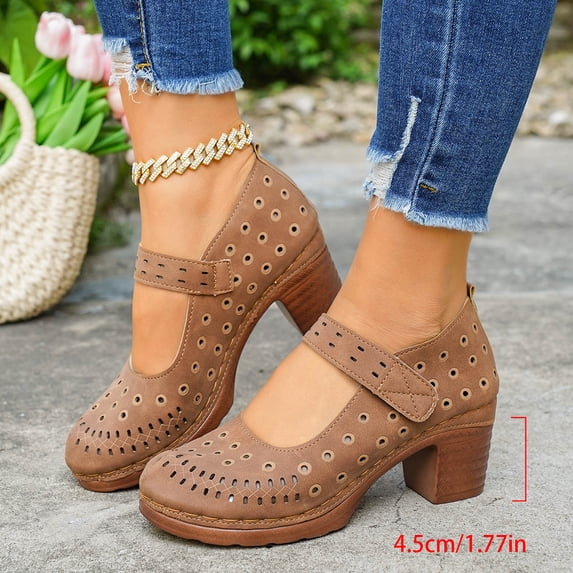 Mary Jane Heels for Women Closed Round Toe Chunky Heeled Sandals Retro Hollow out Dress Shoes Summer Casual Pumps Brown Size 8.5