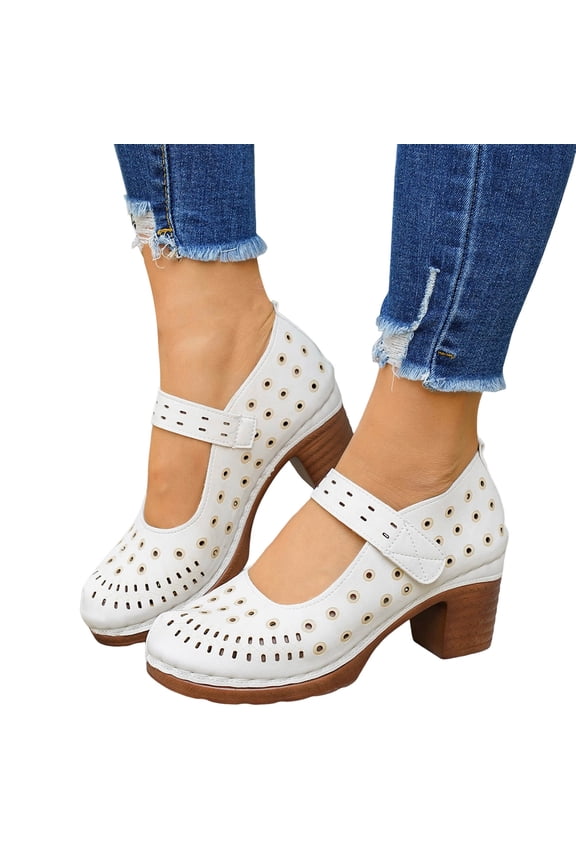 Mary Jane Heels for Women Closed Round Toe Chunky Heeled Sandals Retro Hollow out Dress Shoes Summer Casual Pumps White Size 9
