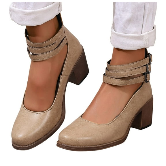 Mary Jane High Heels Dress Shoes for Women 2025 Trendy Casual Leather Round Toe Chunky Block High Heels