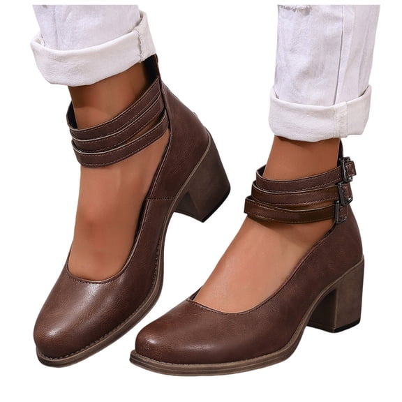 Mary Jane High Heels Dress Shoes for Women 2025 Trendy Casual Leather Round Toe Chunky Block High Heels