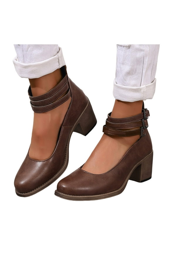 Mary Jane High Heels Dress Shoes for Women 2025 Trendy Casual Leather Round Toe Chunky Block High Heels