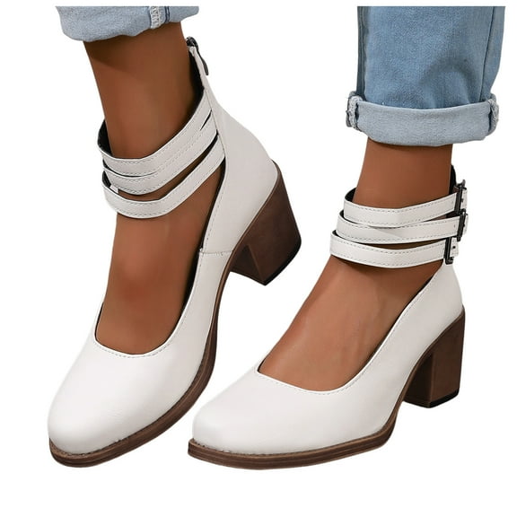 Mary Jane High Heels Dress Shoes for Women 2025 Trendy Casual Leather Round Toe Chunky Block High Heels
