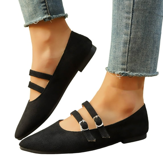 Mary Jane Shoes Women Adjustable Double Strap Pointed Toe Suede Dressy Slip on Ballet Flat Shoes Loafers Black Size 8