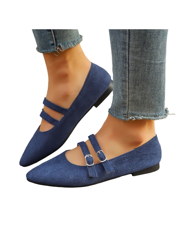 Mary Jane Shoes Women Adjustable Double Strap Pointed Toe Suede Dressy Slip on Ballet Flat Shoes Loafers Blue Size 7.5