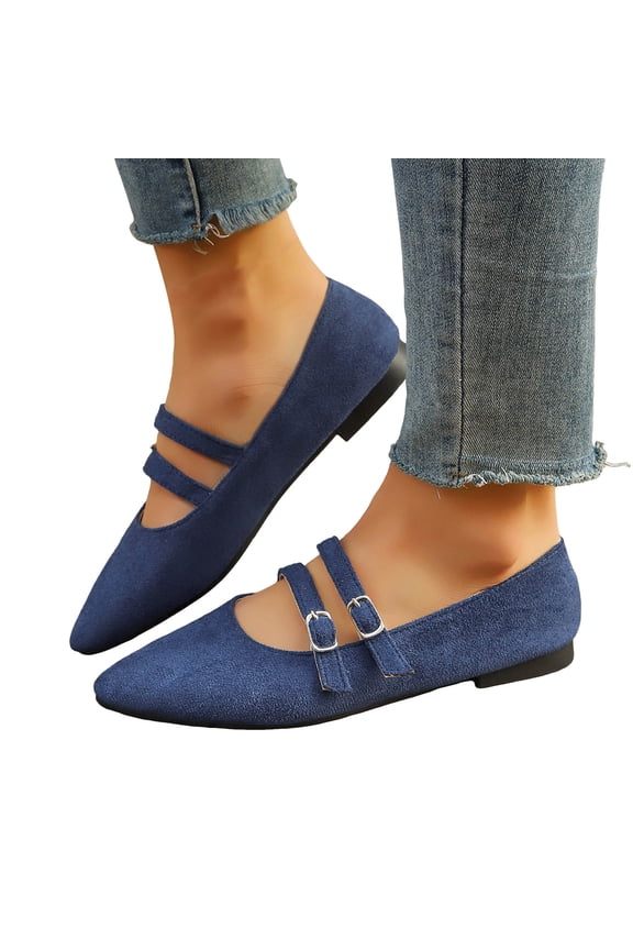 Mary Jane Shoes Women Adjustable Double Strap Pointed Toe Suede Dressy Slip on Ballet Flat Shoes Loafers Blue Size 8.5
