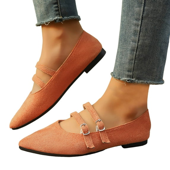 Mary Jane Shoes Women Adjustable Double Strap Pointed Toe Suede Dressy Slip on Ballet Flat Shoes Loafers Orange Size 9.5