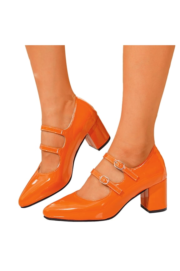 Mary Jane Shoes Women Casual Leather Pointed Double Buckle Straps Block Heel Pumps Shoes Elegant Dressy Heels Orange Size 9