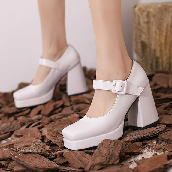 Mary Jane Shoes Women,Elegant Women Heels Retro Square Toe Dressy Fashion Mary Jane Shoes for Formal Events,Brown Mary Janes for Women,02 White,7