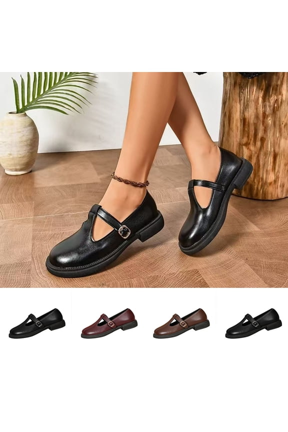 Mary Jane Shoes Women, Leather Loafers Wide Width, Casual Low Heel Slip-On Flats for Women, Trendy Dress Shoes for Spring Summer, Black/Brown/Burgundy