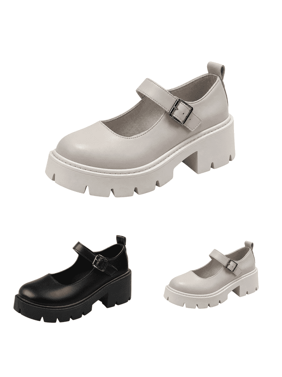 Mary Jane Shoes Women Platform Chunky Lug Block Heel Shoes Adjustable Metal Buckle Strap Round Toe Preppy Gothic Dress Flats S