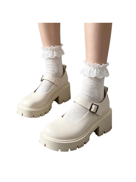 Mary Jane Shoes for Women, Retro Platform Chunky Heel Pumps, Round Toe Block Heel Dress Shoes, Matte Lug Sole Buckle Strap Office School Uniform Pumps