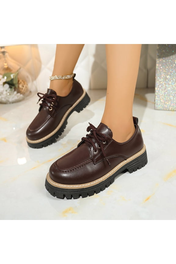 Mary Jane Shoes Women,Solid Color Lace Up Platform Fashion Comfortable Leather Mary Jane Shoes,Brown Mary Jane Flats,Brown,9