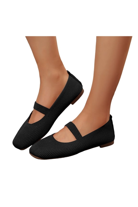 Mary Jane Shoes Women Square Toe Knitted Ballet Flat Shoes Comfortable Arch Support Orthopedic Walking Shoes Casual Dressy Shoes Black Size 8