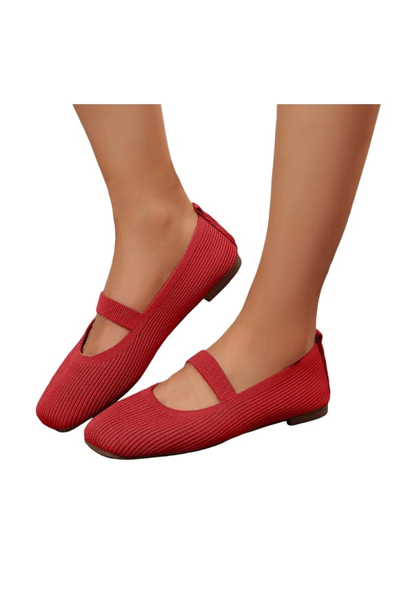 Mary Jane Shoes Women Square Toe Knitted Ballet Flat Shoes Comfortable Arch Support Orthopedic Walking Shoes Casual Dressy Shoes Red Size 6.5